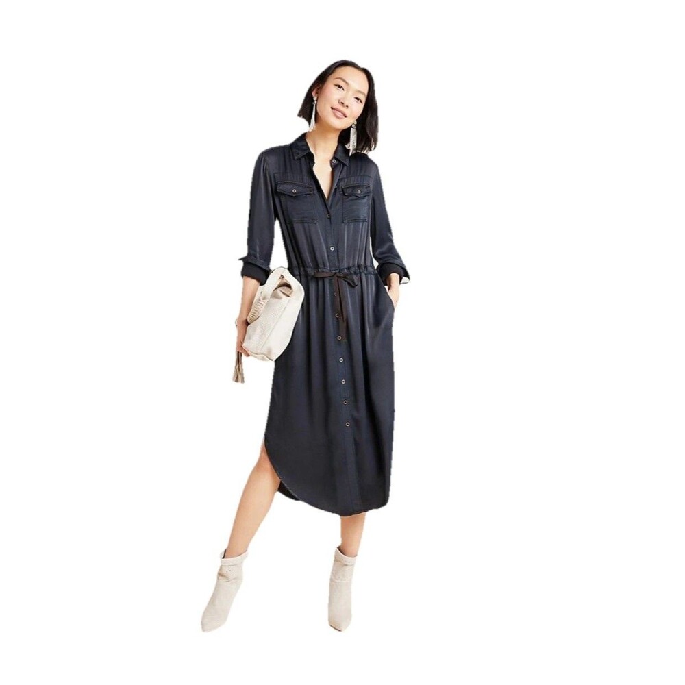 Anthropologie Maeve Faiza Utility Shirtdress Navy Belted Size 4 Womens